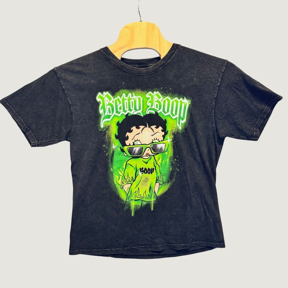 2196 | Betty Boop Acid Wash Neon Green Y2K Streetwear Graphic Tee Black Women L